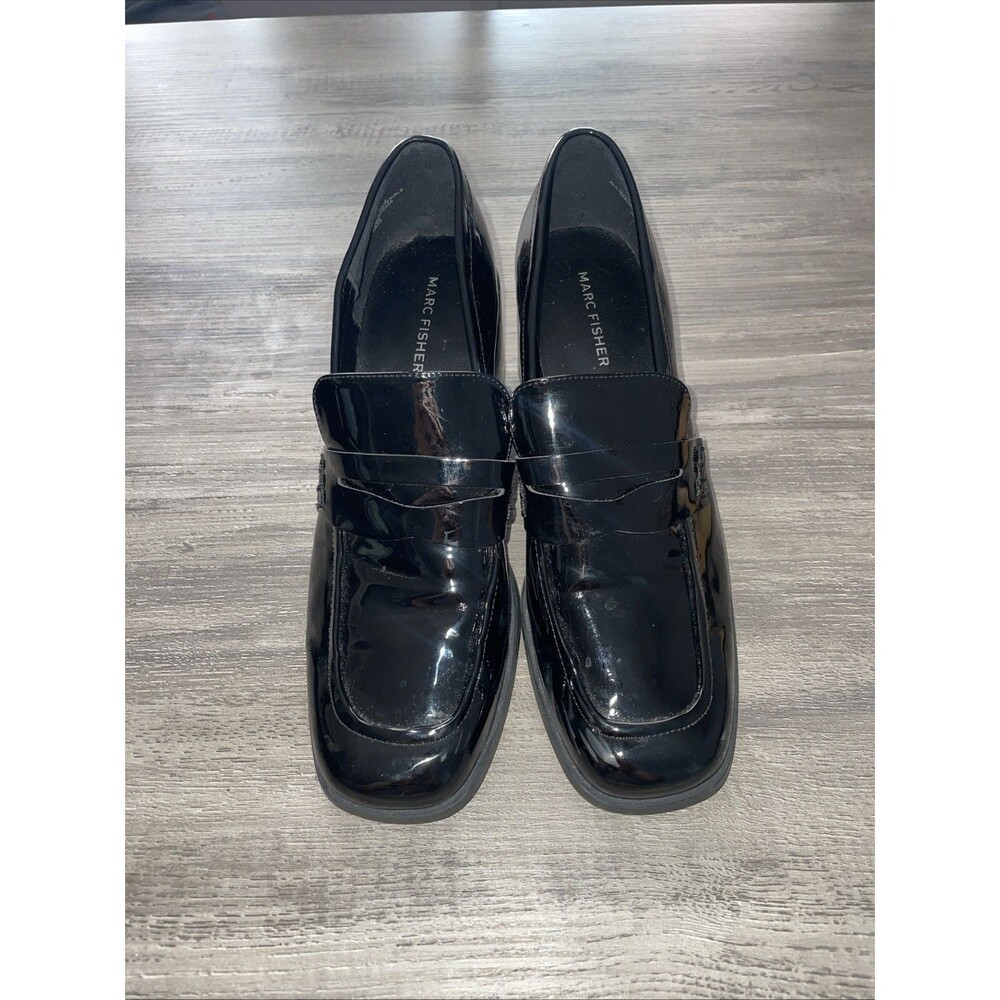 Marc Fisher KChris Heeled Penny Loafers Black Patent Square Toe Women's Sz 9M